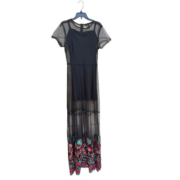 Black Sheer Mesh Maxi Dress SZ S Embroidered Boho Festival Witchy Noir Y2k - Picture 1 of 7